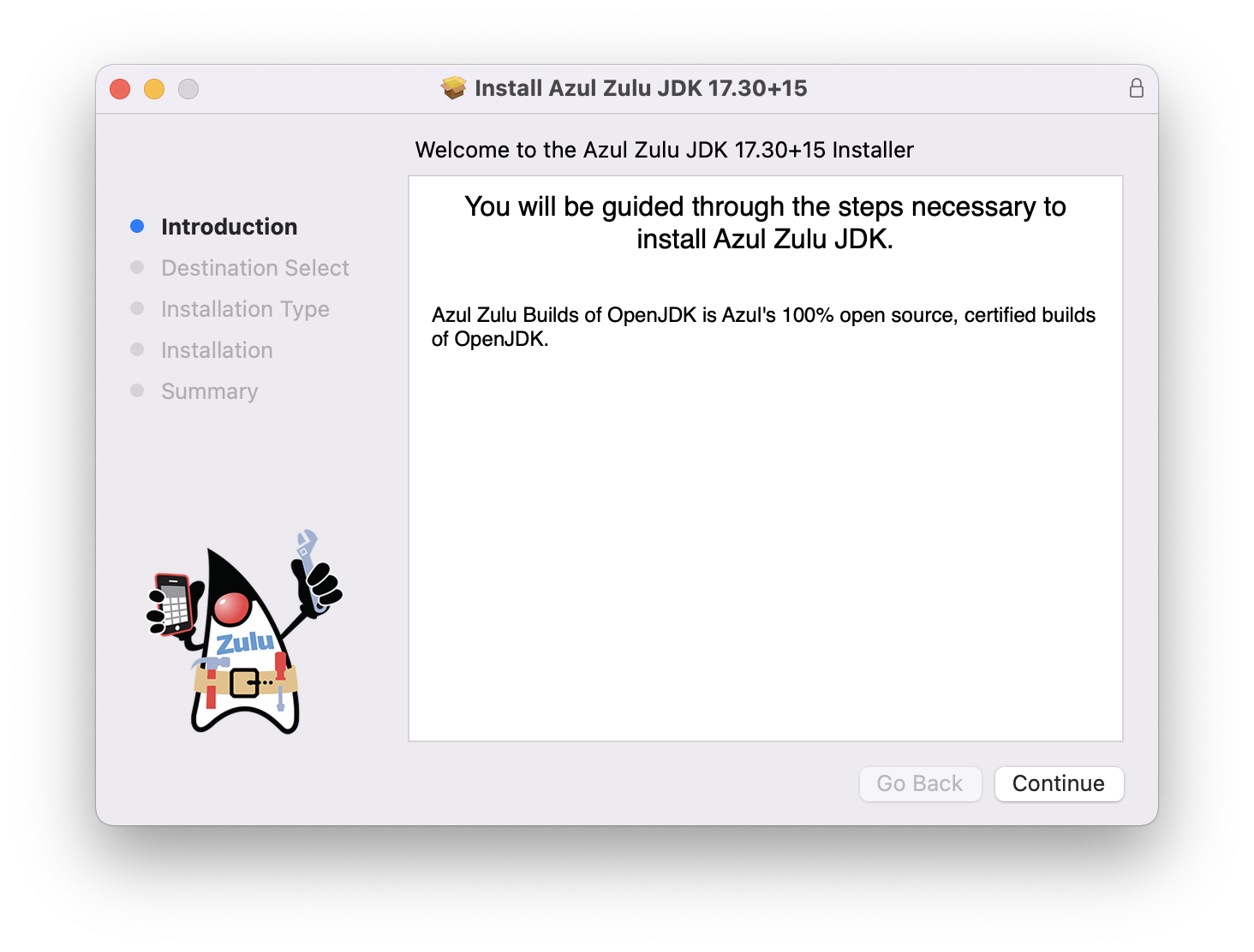 Screenshot of the installer of Azul Zulu JDK