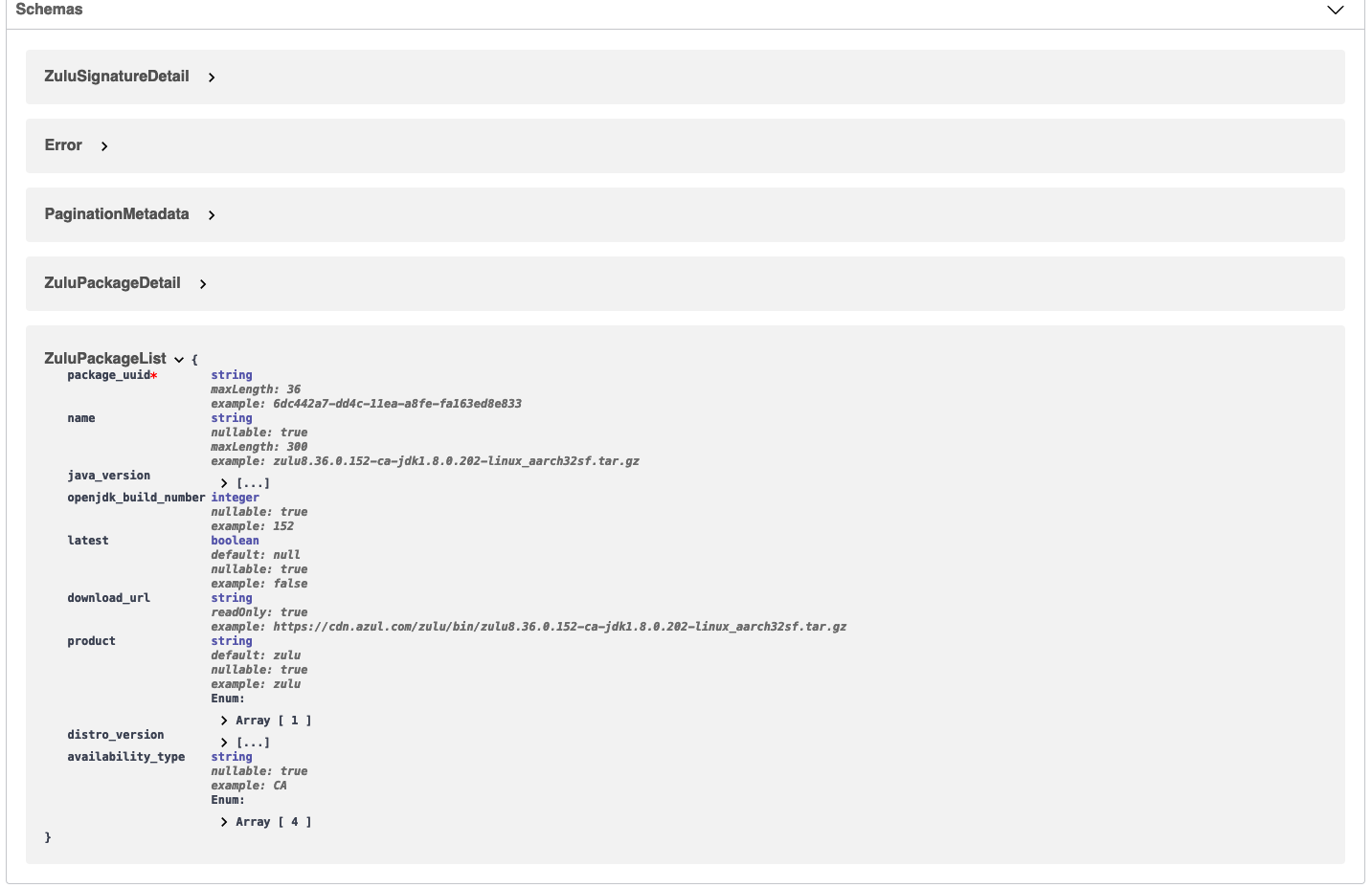 Azul Metadata API - JSON data model screenshot