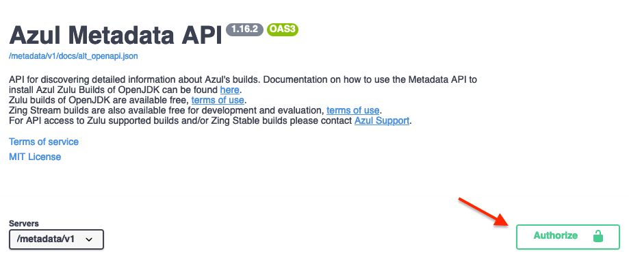 Azul Metadata API Authorize, step 1