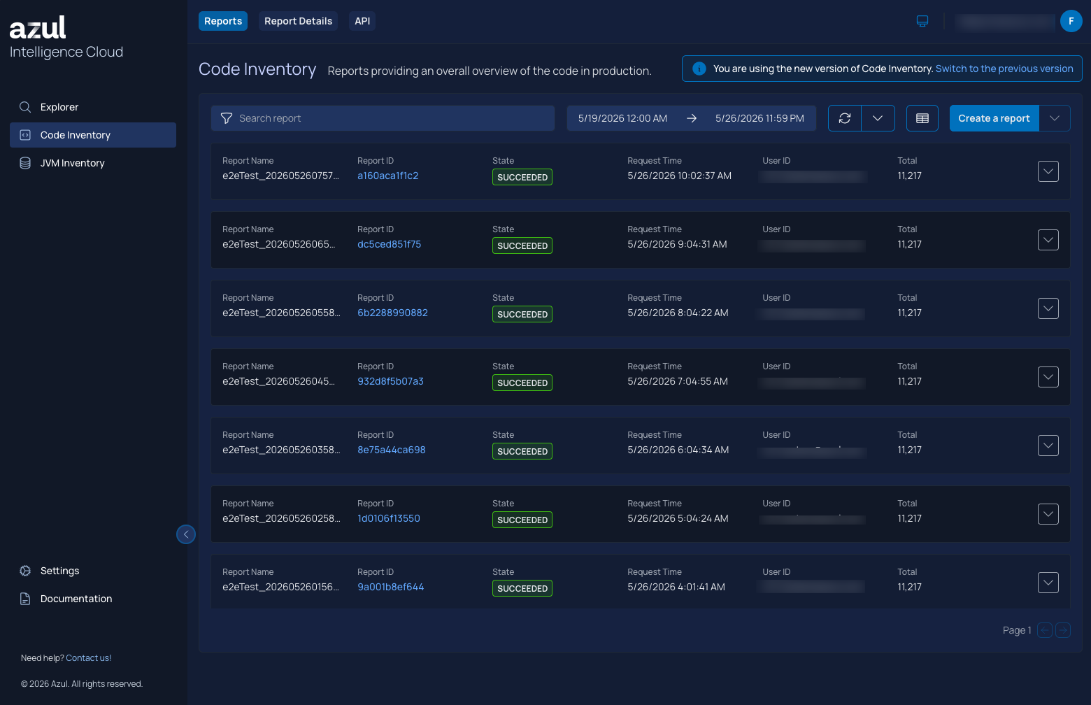 Overview page of Code Inventory in the Azul Intelligence Cloud UI