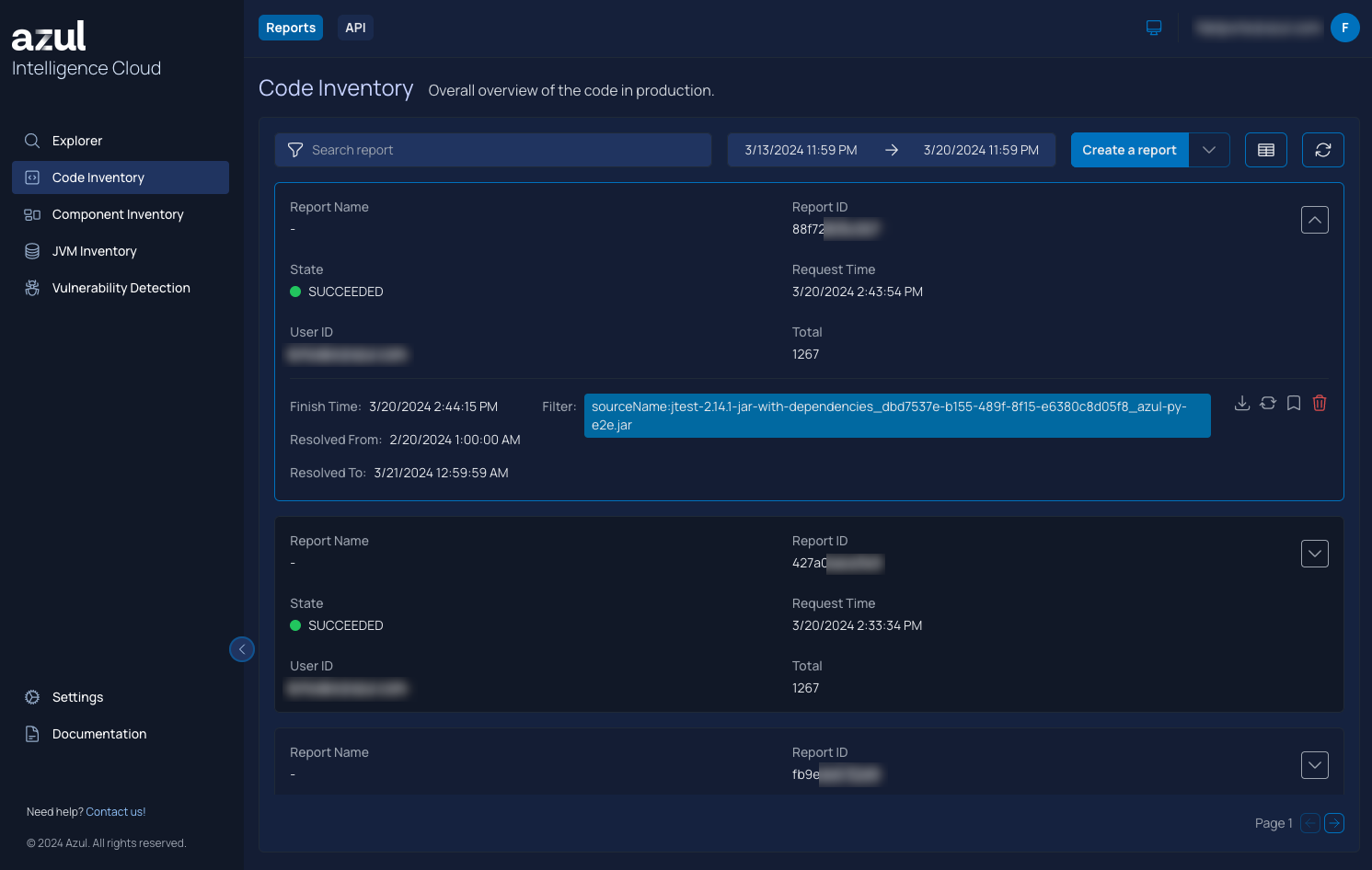 Example of a Code Inventory view in the Azul Intelligence Cloud UI