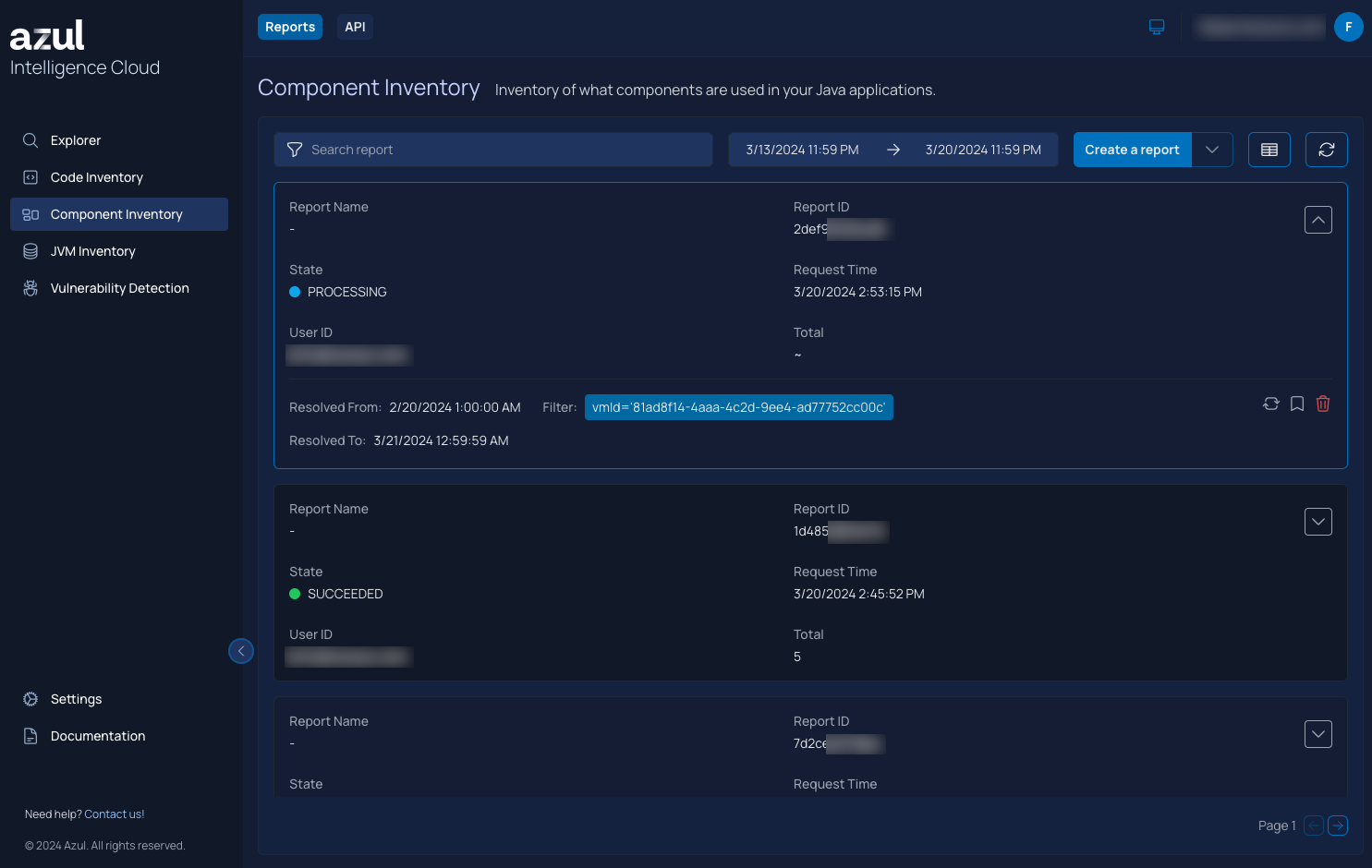 Example of a Component Inventory view in the Azul Intelligence Cloud UI