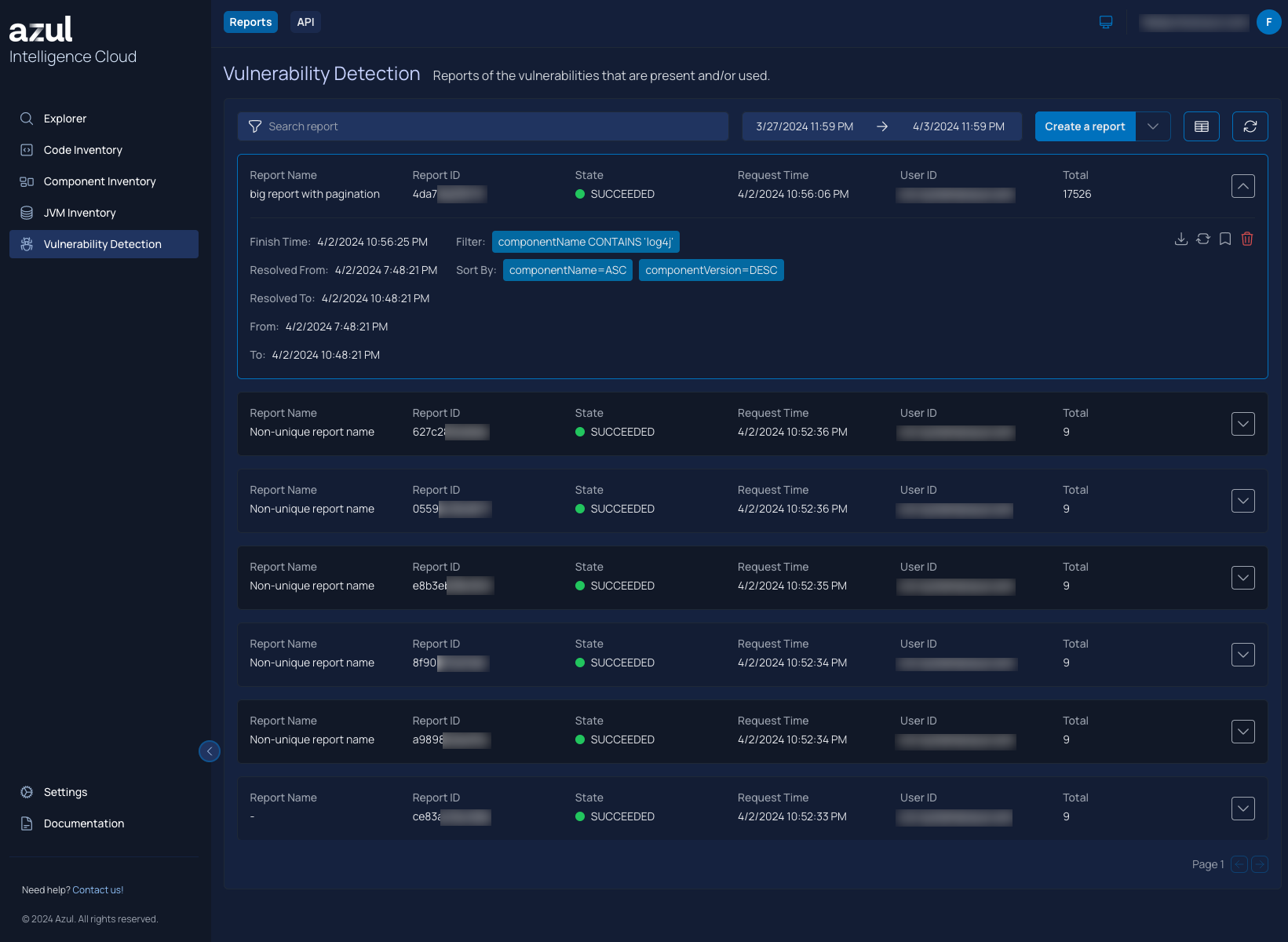 Example of a Vulnerability Detection view in the Azul Intelligence Cloud UI