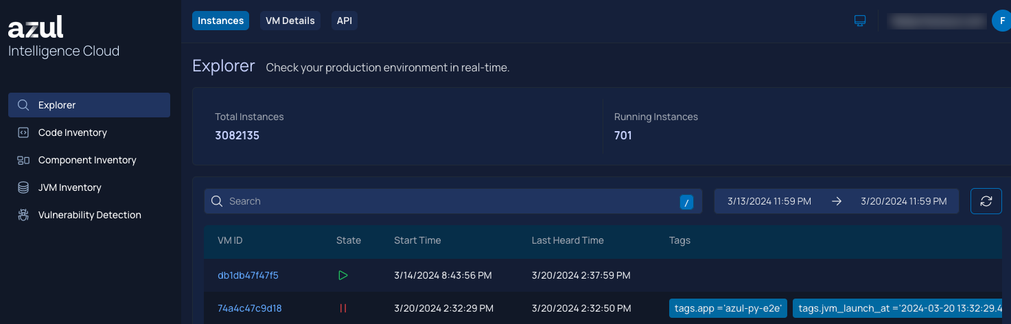 Overview table with the JVMs that have made a connection to Azul Intelligence Cloud