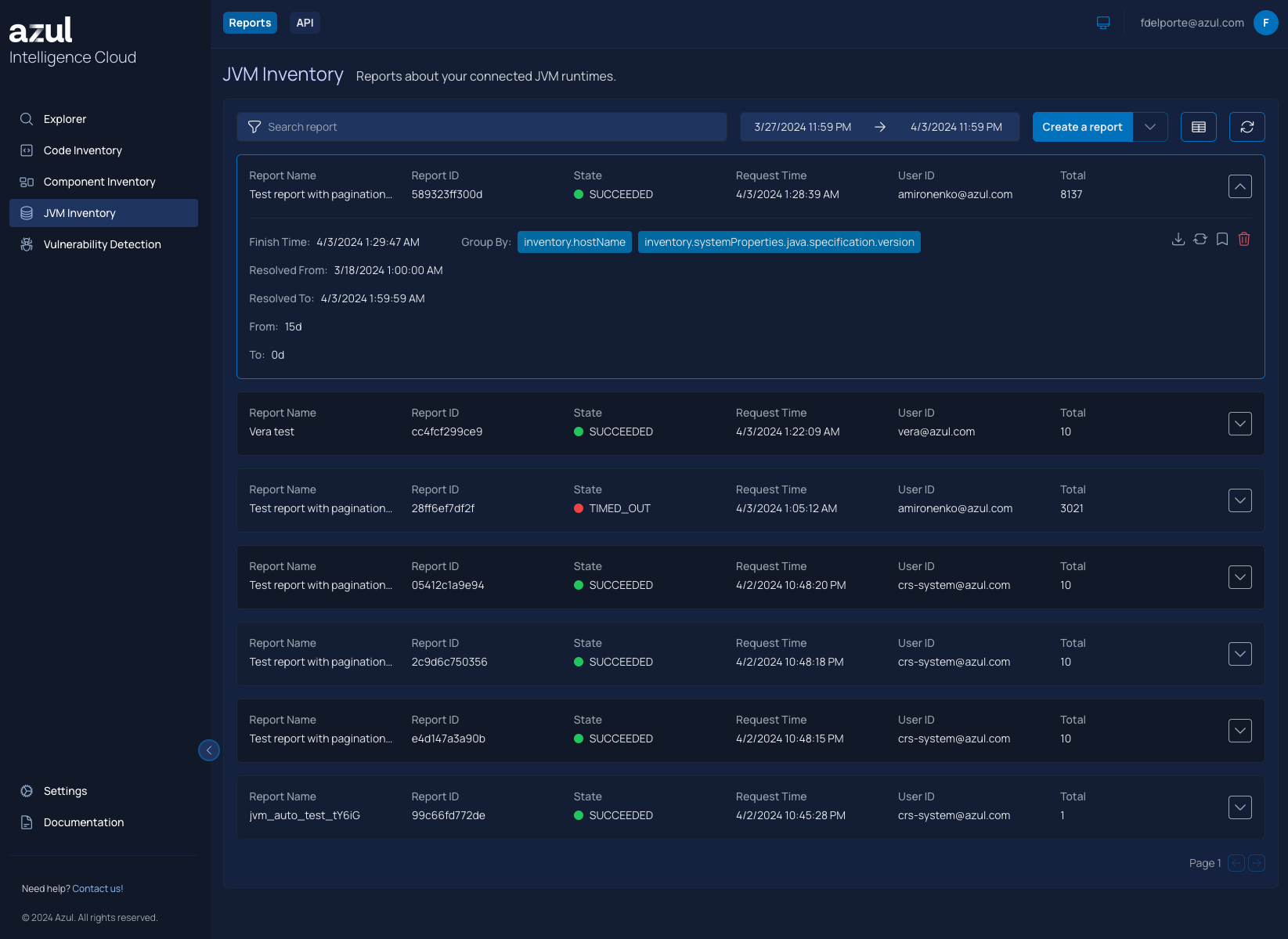 Example of a JVM Inventory view in the Azul Intelligence Cloud UI