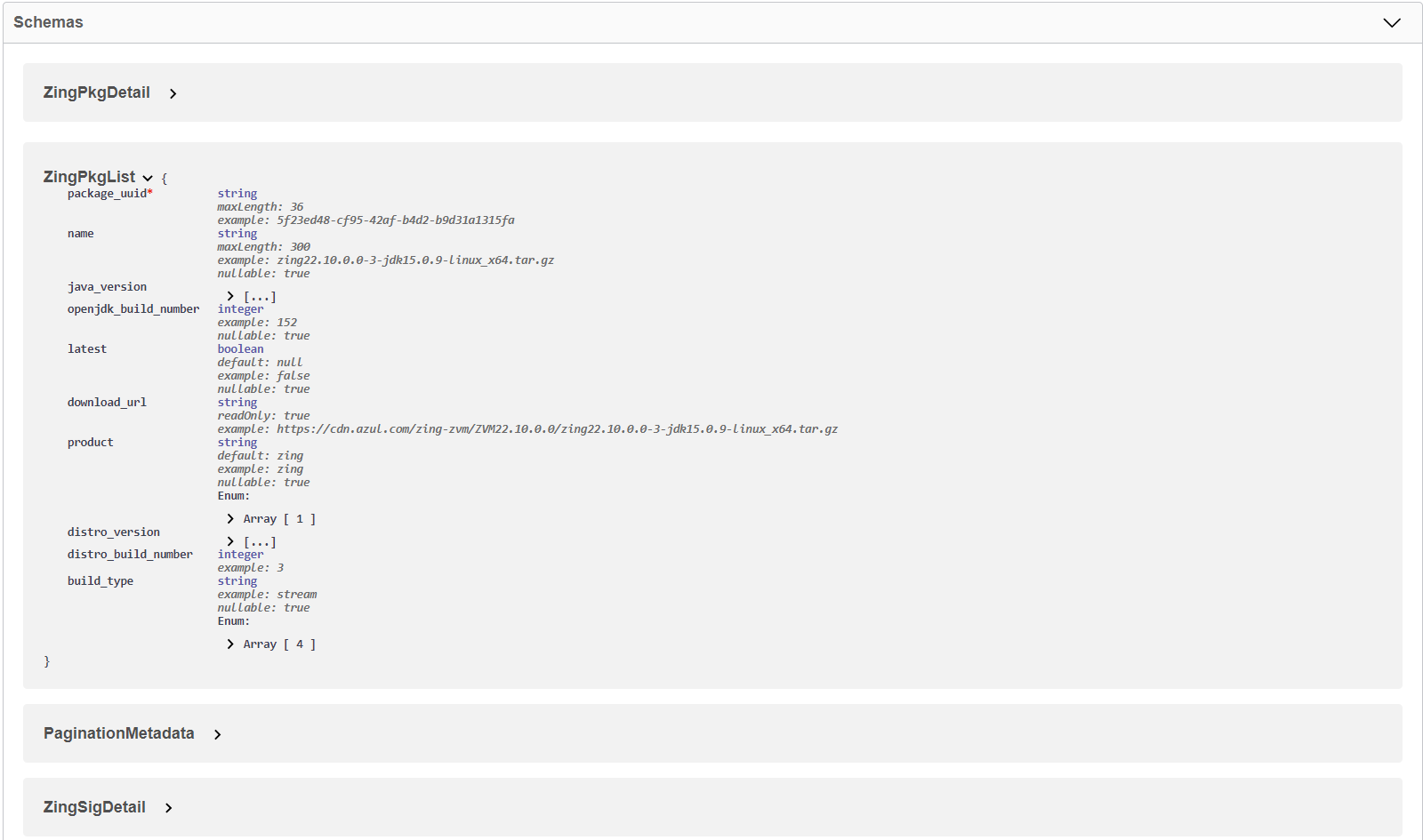 Azul Metadata API - JSON data model screenshot