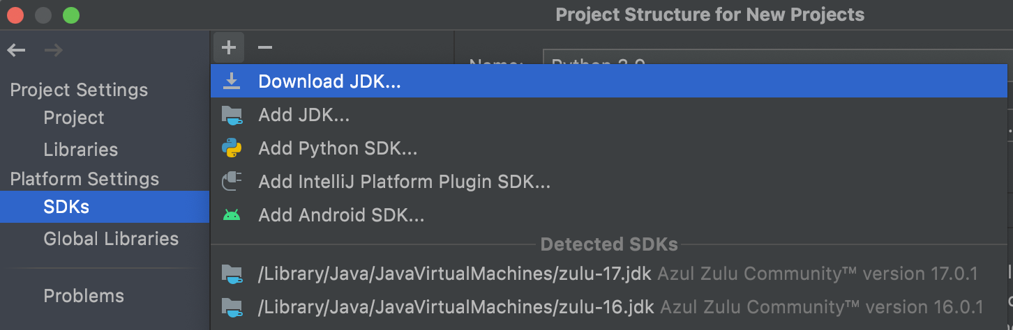 Screenshot of the Project Structure window in IntelliJ IDEA to add a JDK