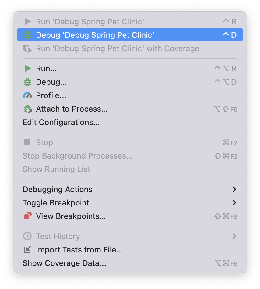 IntelliJ IDEA menu to debug the Pet Clinic application