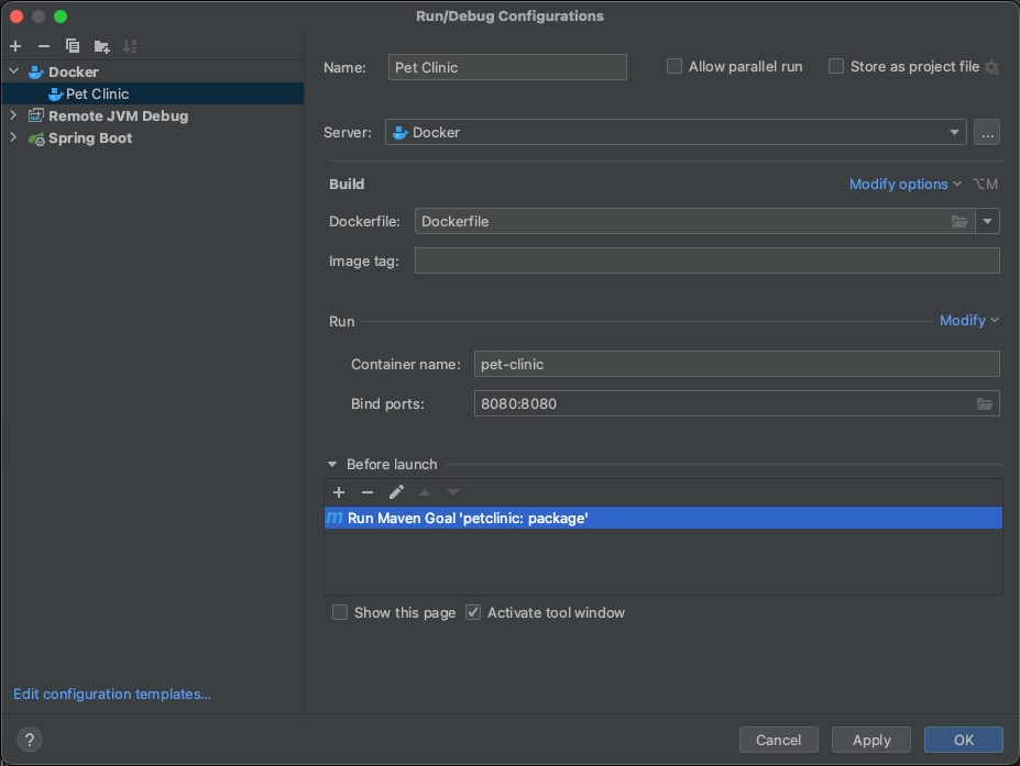 Run configuration for the Pet Clinic application