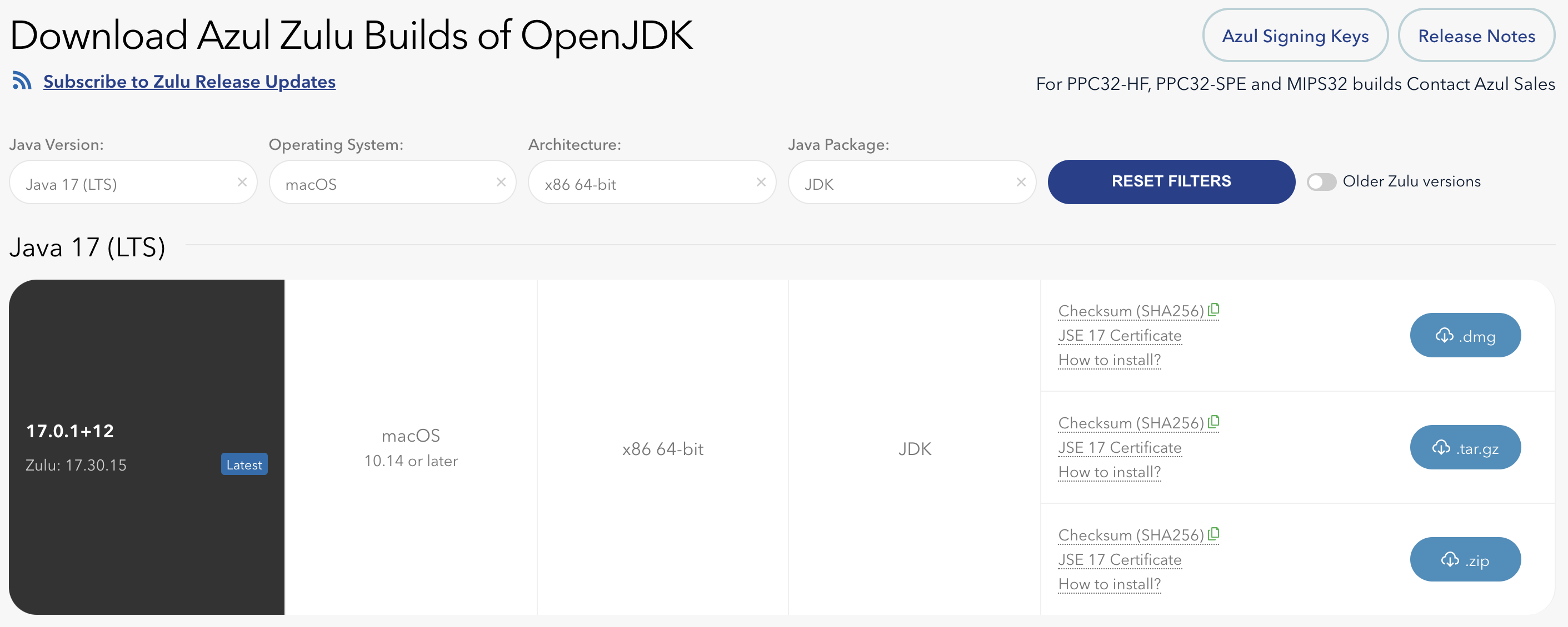 Screenshot of the download page of Azul Zulu Builds of OpenJDK